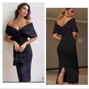 black off the shoulder sheath dress with belt event party
